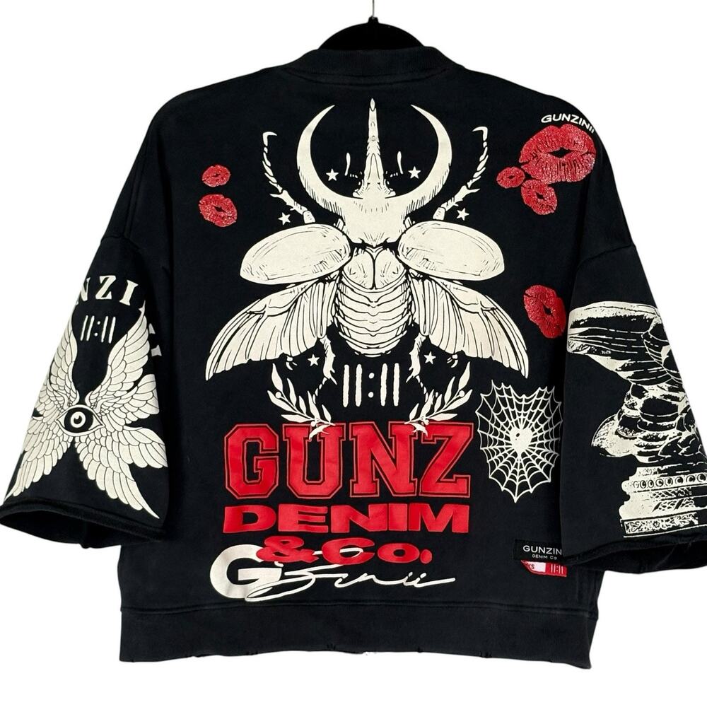GUNZINII Beetle Graphic Sweatshirt Oversized Dual Zip Streetwear Hip Hop Size XS